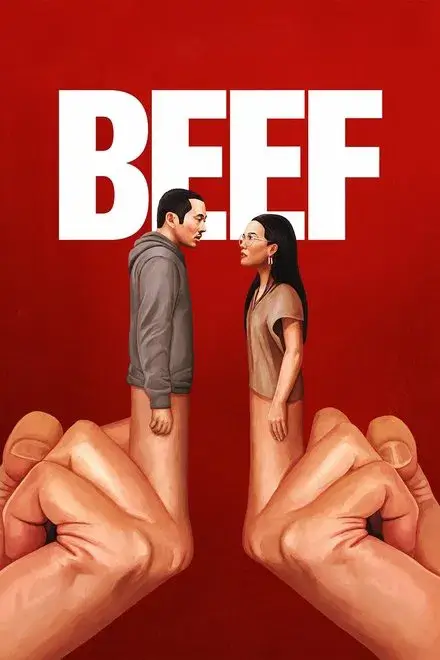 붉은 배경 위에서 남녀가 서로 마주 선 채 손가락 위에 올려진 인형처럼 표현된 넷플릭스 시리즈 성난 사람들의 상징적인 포스터 이미지.