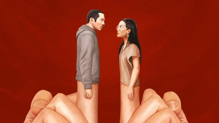 강렬한 붉은 배경 앞에서 후드티를 입은 남성과 안경 쓴 여성이 팽팽하게 대치하는 넷플릭스 시리즈 성난 사람들의 대표 이미지.