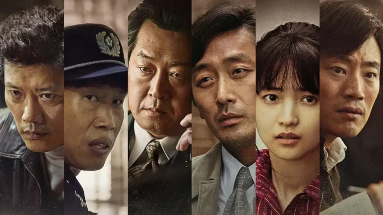 1987 영화 캐릭터 이미지로, 박처원역을 연기하는 김윤석배우와 최환역을 연기하는 하정우배우, 연희역을 연기하는 김태리배우 등 주요 인물들의 얼굴을 세로 분할 구도로 담아낸 비주얼