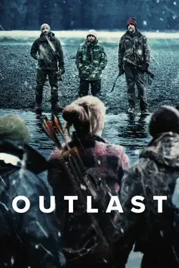 리얼리티 서바이벌 프로그램 〈Outlast〉 포스터 이미지로, 물가에 선 참가자들과 전경의 활 든 인물들을 통해 대결 구도를 강조한 비주얼.