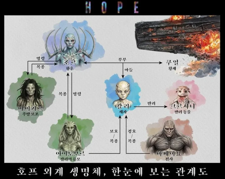 영화 호프에 등장하는 외계 생명체의 관계와 역할을 정리한 캐릭터 관계도.